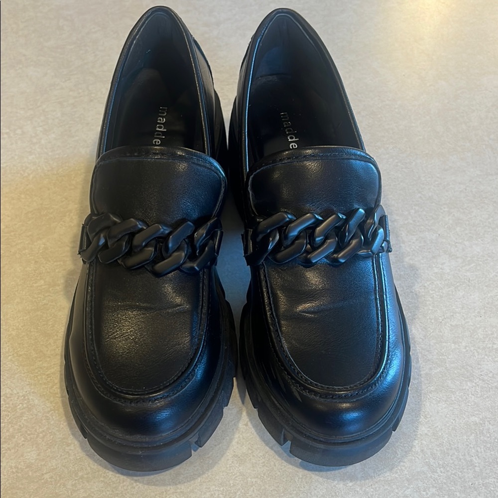 Madden Girl Black Chunky Loafers with Chain Detail